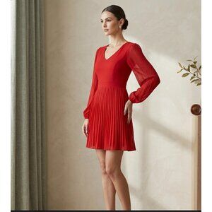 Yessica Simpson Red Long Sleeve Pleated Chiffon V-Neck Dress size M With Fitted